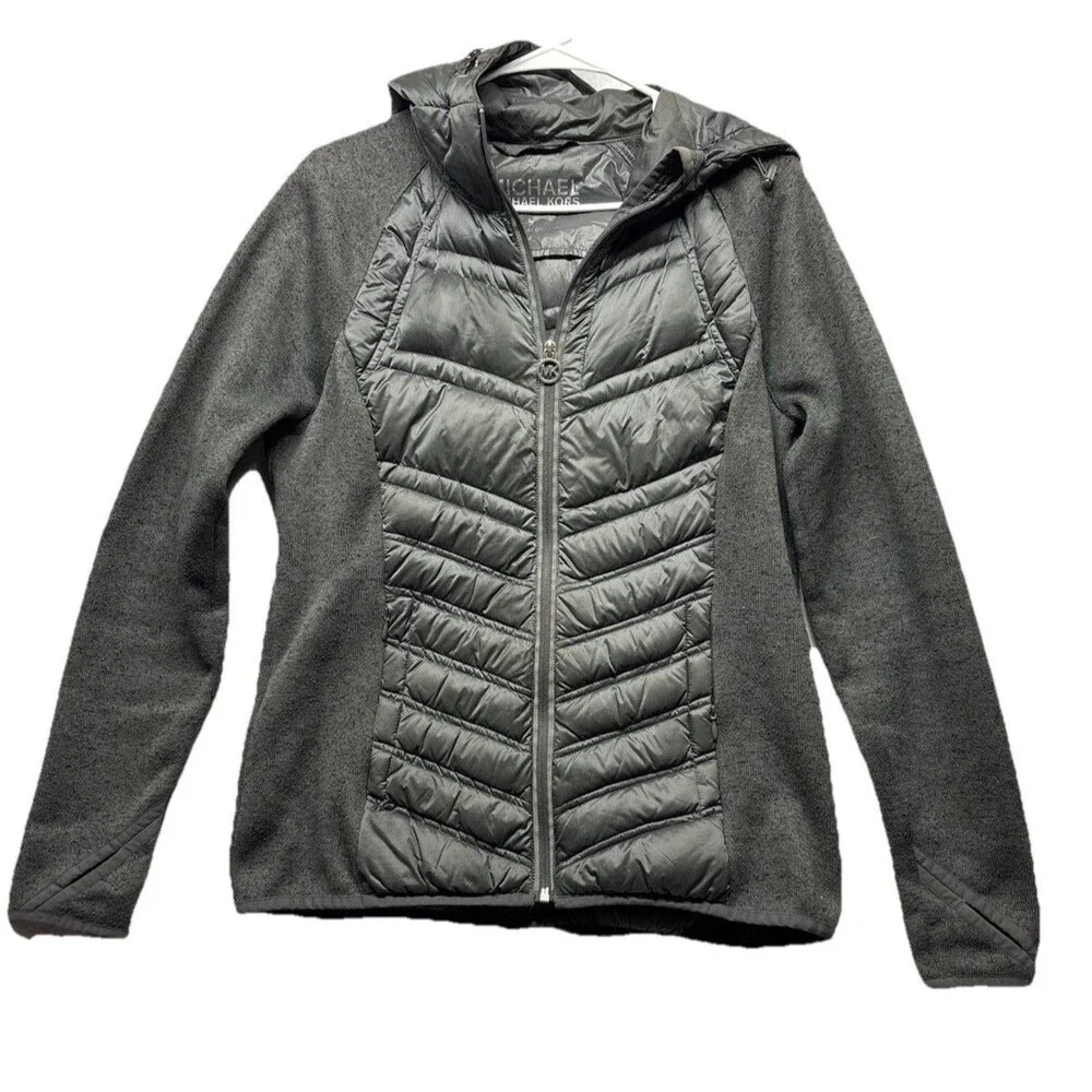 Michael Kors Mixed Media Down Jacket Gray Zip Thumbholes L